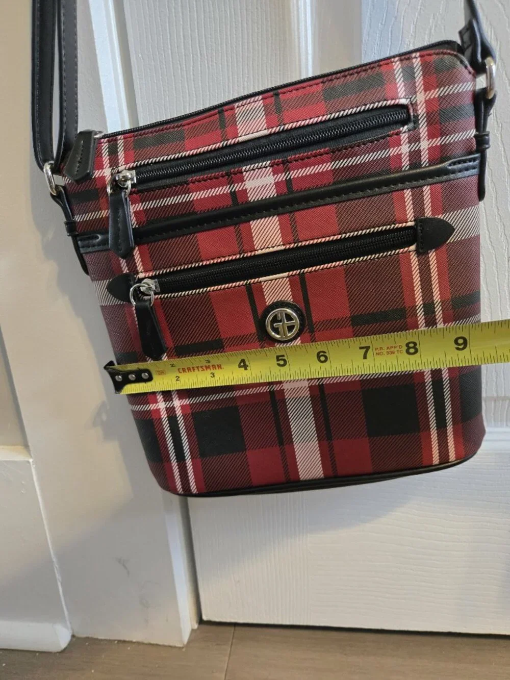 Giani Bernini Triple Zip Crossbody Shoulder Bag Red Plaid Silver